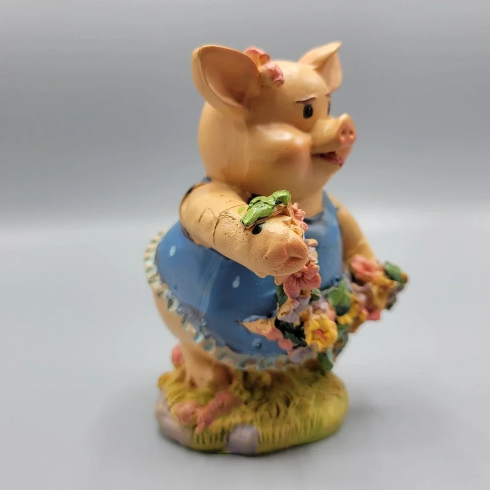 Vintage Adorable Happy Pig Figurine Blue Dress Floral Accents Home Shelf Decor